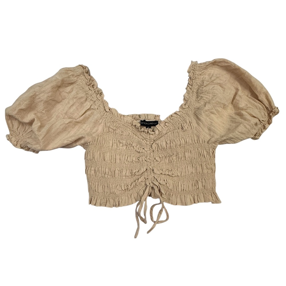 Cotton Candy LA Top Womens Medium Beige Smocked Puff Sleeve Ruched Cropped Boho